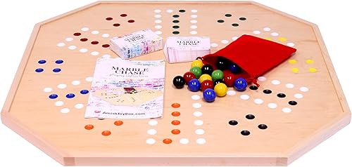 AmishToyBox.com Juego de mesa de persecución de mármol de madera (Cards N' Marbles), tablero grande de 25 pulgadas de ancho, doble cara, incluye