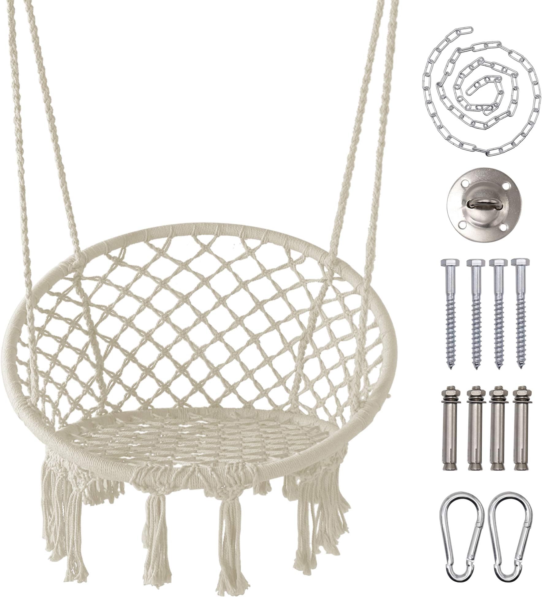 LAZZO Hammock Chair with Hanging Kit and Chain, Cotton Rope Macrame Swing, 260Pounds Capacity, 20" Width, for Indoor, Garden, Patio, Yard (Beige)