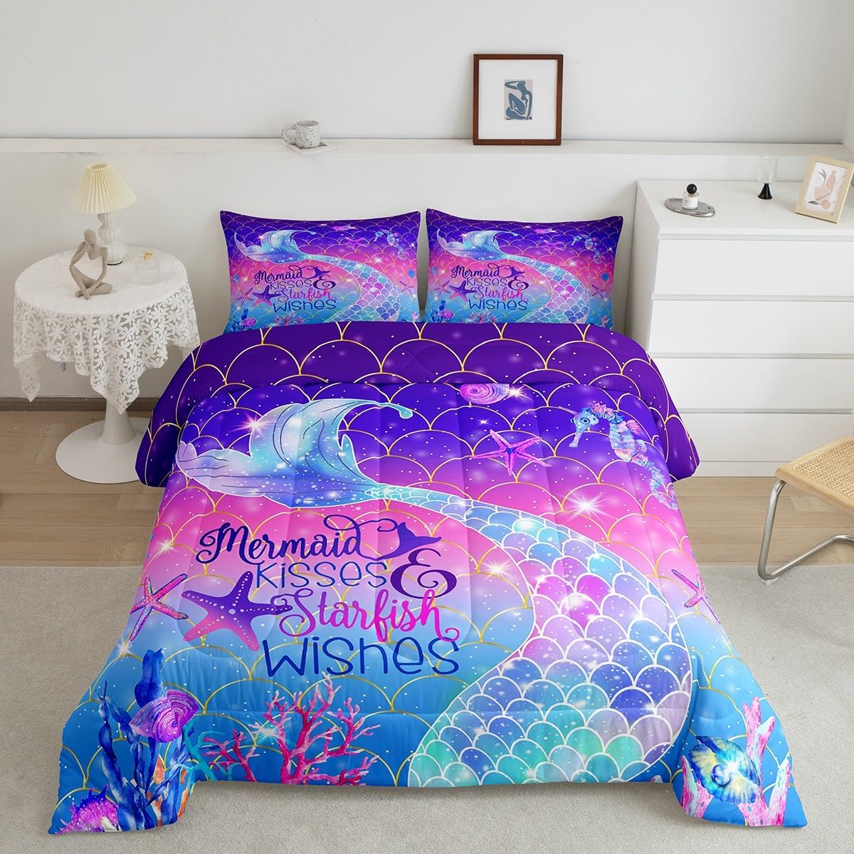 Mermaid Tail Comforter Set for Kids,Full Size Mermaid Bedding Sets for Girls,Gradient Rainbow Fish Scale Quilt Set,Pink Watercolor Sealife Seahorse Nautical Duvet Insert with 2 Pillowcases