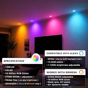 Lighting master LED Downlights for Ceiling 4inch 12W Compatible with Alexa | 1200LM，cutout100-110mm，Smart RGB Colour Changing Ceiling Spotlights APP Control，Recessed Lights 2700K-6000K Adjustable，6 Pack [Energy Class E]