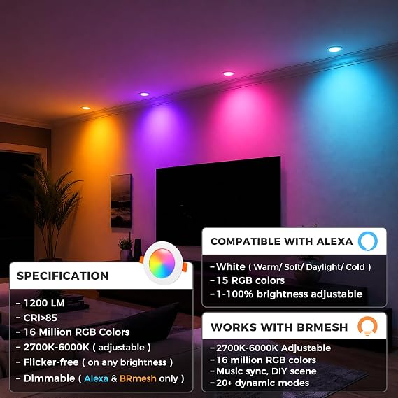 Lighting master LED Downlights for Ceiling 4inch 12W Compatible with Alexa | 1200LM，cutout100-110mm，Smart RGB Colour Changing Ceiling Spotlights APP Control，Recessed Lights 2700K-6000K Adjustable，6 Pack [Energy Class E]