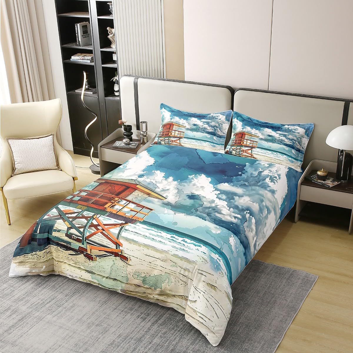 Ocean Duvet Cover Queen for Kids Boys Teens,Sea Seaside Beach 3 Pieces Duvet Cover,Tie Dyed Sky Cloud Comforter Cover (Not Comforter),Nautical Coastal Cabin Decor Quilt Cover