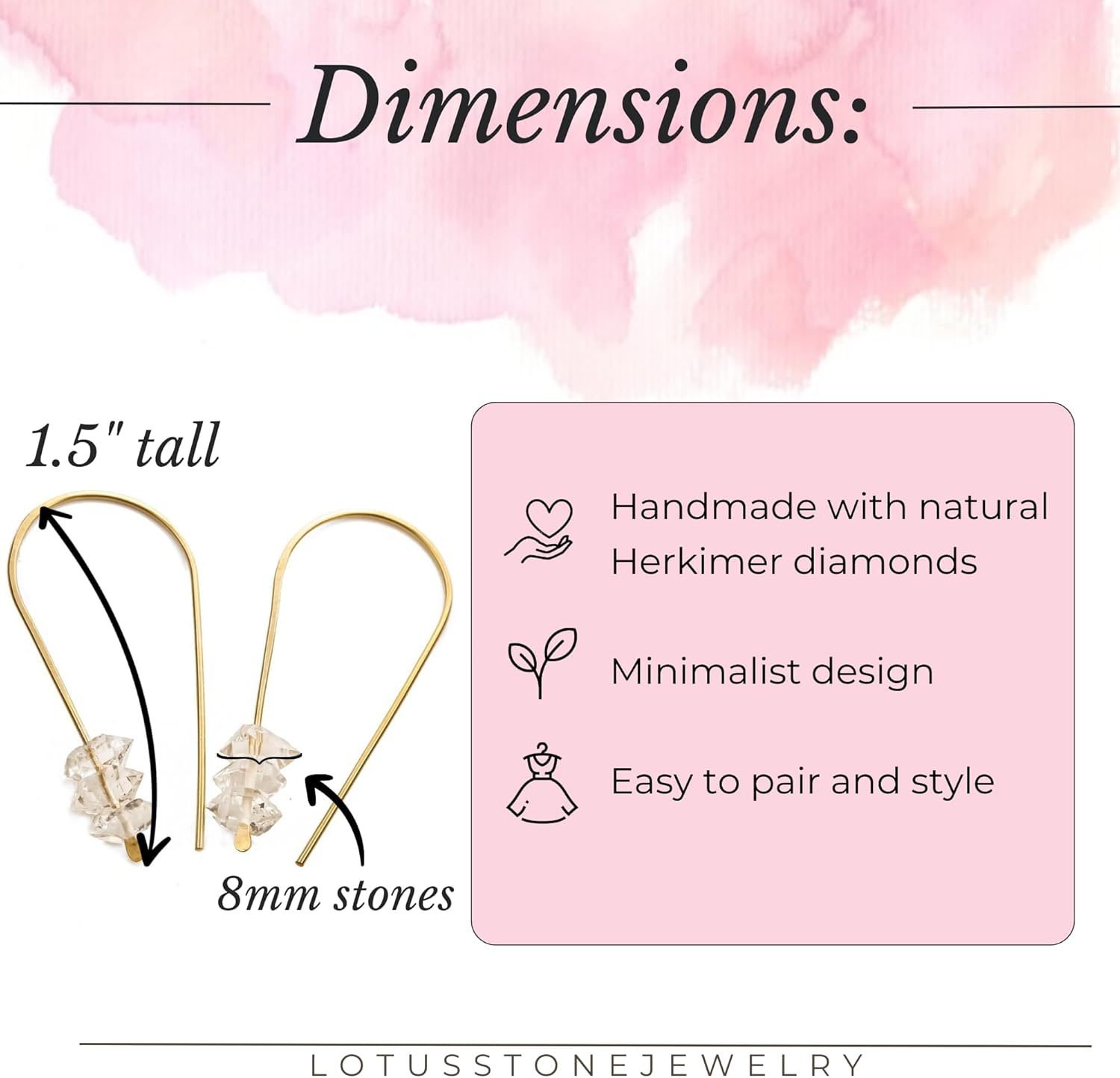 Herkimer Diamond Small Drop Pull Through Earrings in Gold, Silver, and Rose Gold, Simple Open Dangle Earrings with Herkimer Diamond Crystals, Petite 1" Open Hoops