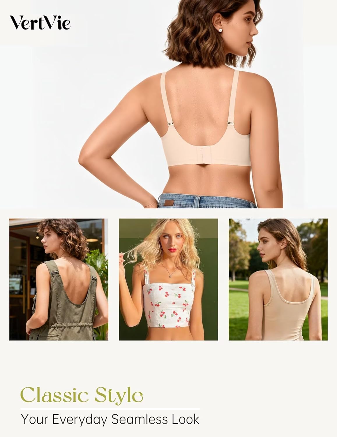 Vertvie Womens Wireless Jelly Bra Push Up No Underwire Full Support Removable Straps (Halter/U/Cross) Seamless T-Shirt Bras - Image 4