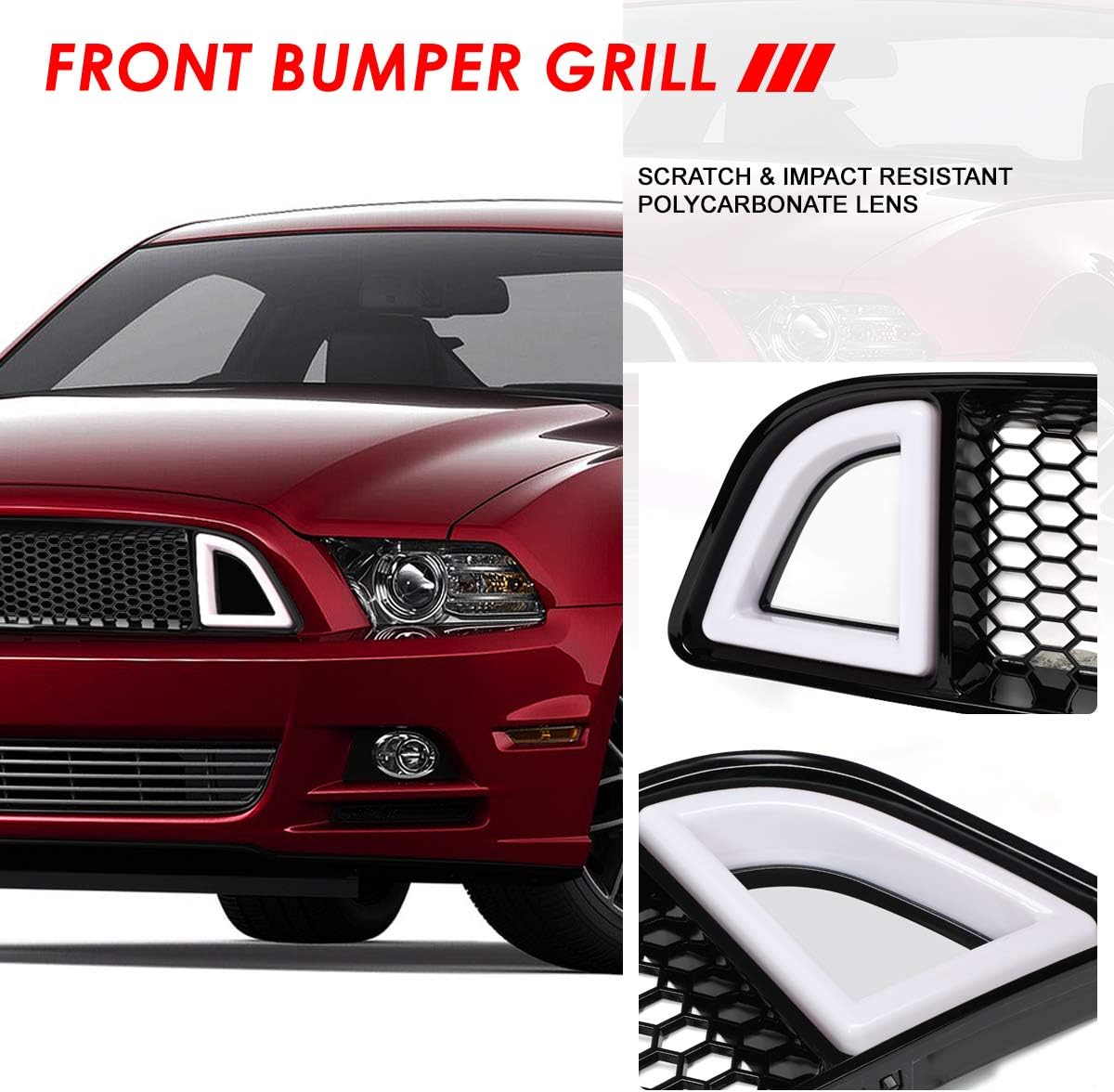 Auto Dynasty Sequential LED DRL Light Bar Honeycomb Mesh Front Upper Bumper Grille Compatible with Ford Mustang Base GT 13-14