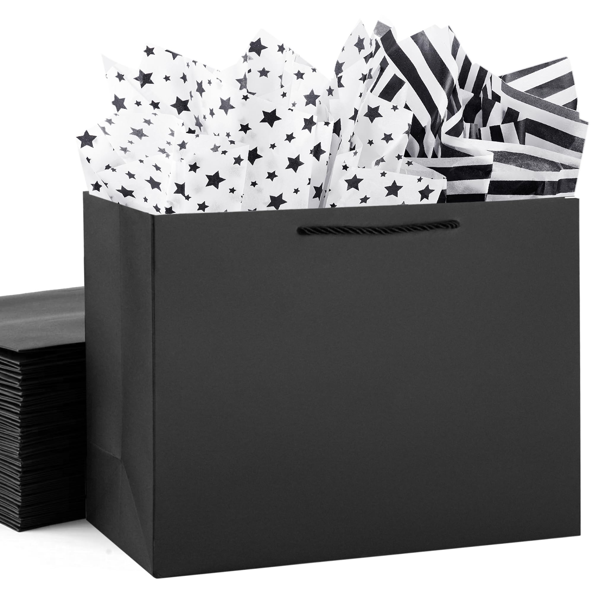 4 Pack Extra Large Black Gift Bags, Large Gift Bags with Tissue Paper, 16x6x12 Inches, Gift Bags for Small Business, Bridal Showers, Wedding, Christmas