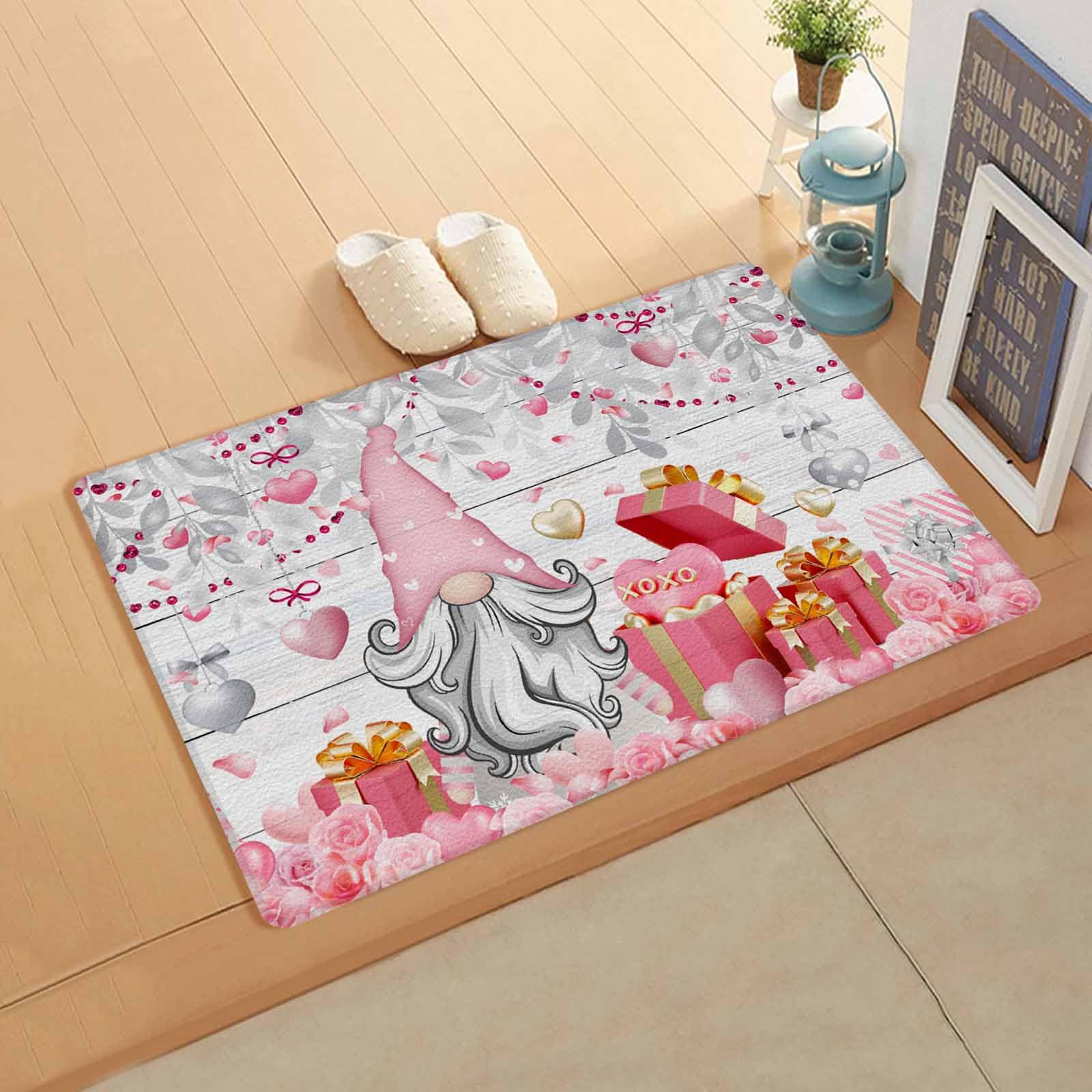 Valentine's Silver Leaves Kitchen Bath Door Mat Cushioned Runner Rug,Washable Welcome Floor Sink Antifatigue Mat,Waterproof & Non-Slip Comfort Standing Doormat,Pink Rose Sweet Love Wood 18