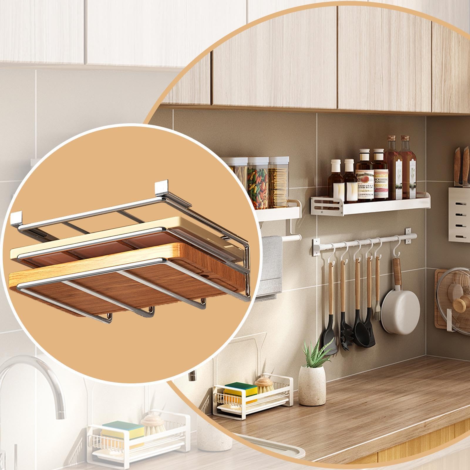 Generico Raccolto di supporto per taglieri, sotto il menomino del cabinet,Hangble Under Gabinet Pan Lid Stand - Rastrellino da tagliere in acciaio inossidabile per cucina