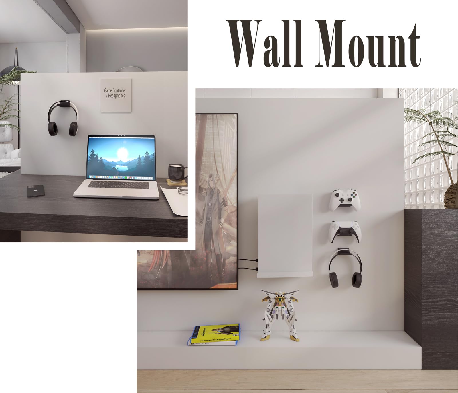 sciuU Soporte de Pared para Mando/Auriculares, [Conjunto de 2] Gancho Adhesivo 3M, Colgar los Auriculares, Accesorios para Controller Controlador Gamepad de PS5 / PS4 / Xbox, Sin Tornillos