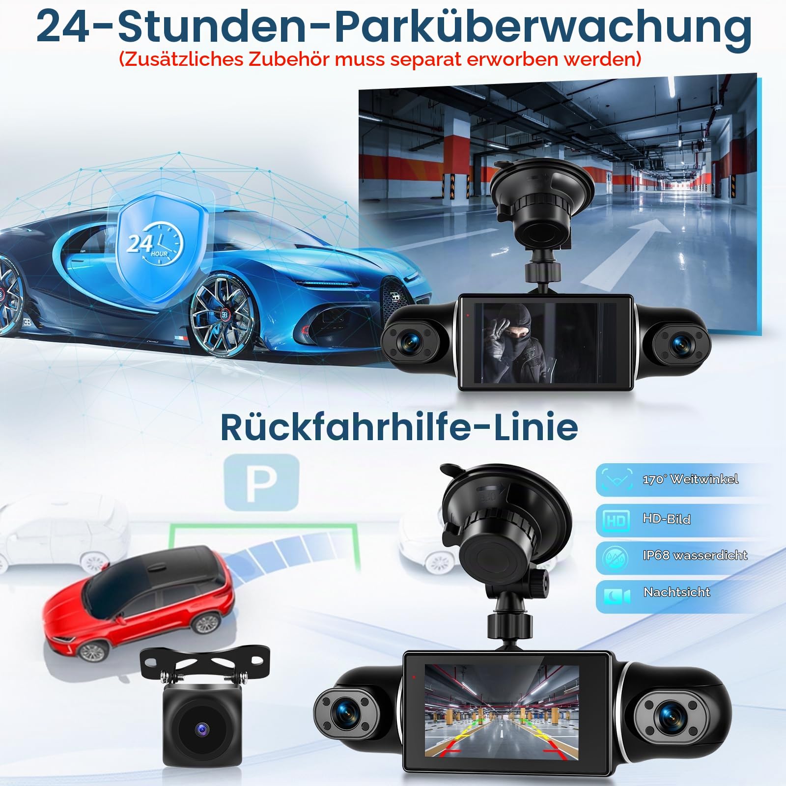 Hodozzy 1080P Auto Dash cam 360° mit 5GHz WiFi, 4 Kameras Vorne Hinten, 8 IR Nachtsicht, 3 Zoll IPS Touchscreen, Loop Aufnahme, G-Sensor, Parken Monitor,Dash cam mit Rückfahrhilfe