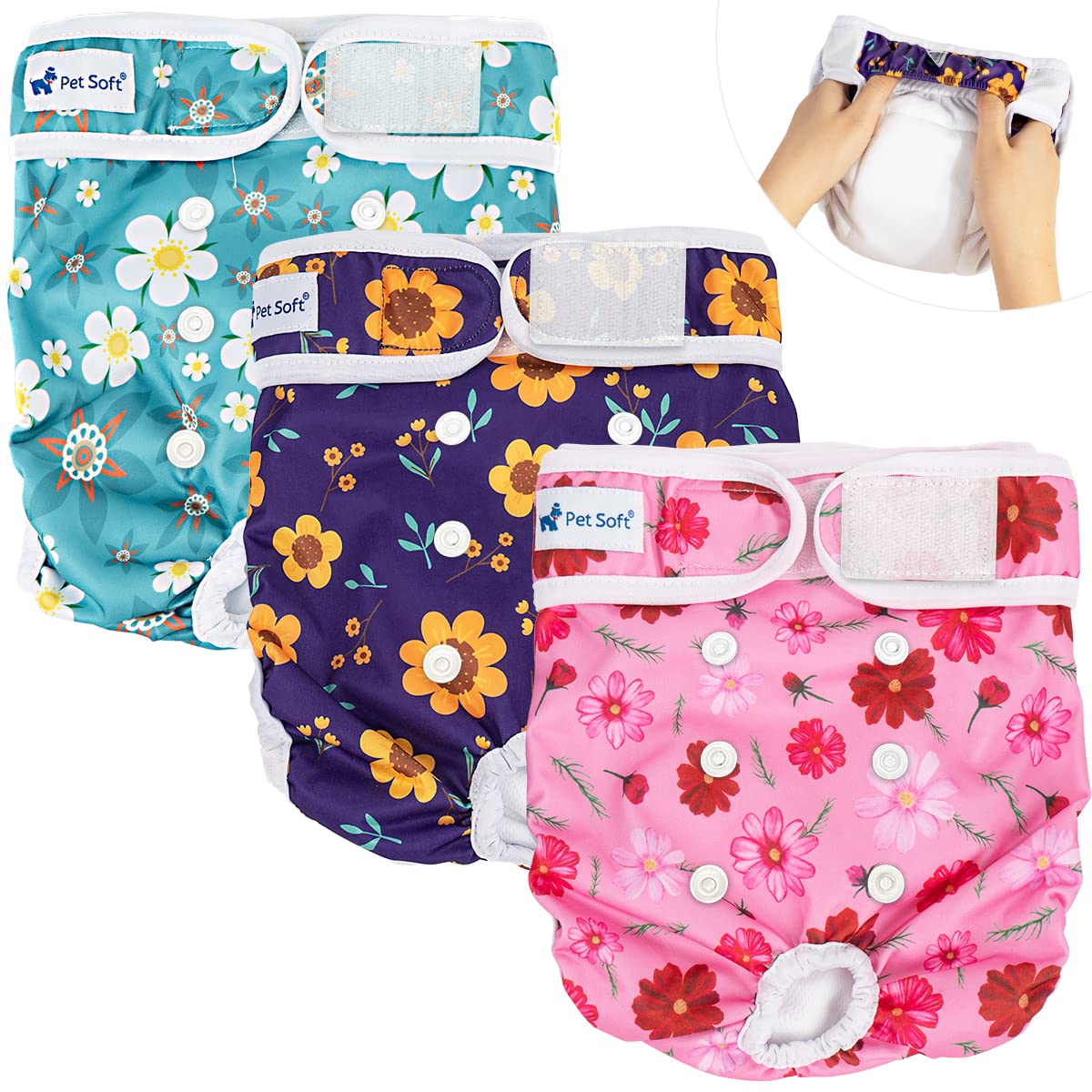 Pet Soft Washable Female Diapers (3 Pack) ?Çô Female Dog Diapers, Comfort Reusable Doggy Diapers for Girl Dog in Period Heat (Cute Flower, L)