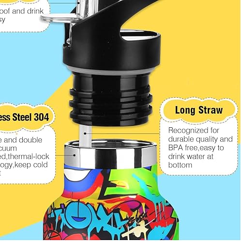 Miniatura 3 de Botella de agua para niños con popote para la escuela, botella de agua de acero inoxidable para viajes o escuela, 20 onzas, sin BPA, vibrante arte