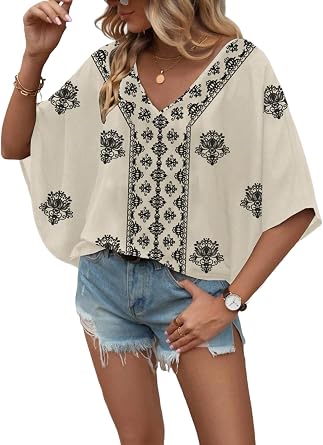 Urchics Chiffon Batwing Tops for Women Short Sleeve V Neck Blouse Tops V-Neck Casual Loose Summer Top Shirts