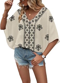 Urchics Chiffon Batwing Tops for Women Short Sleeve V Neck Blouse Tops V-Neck Casual Loose Summer Top Shirts