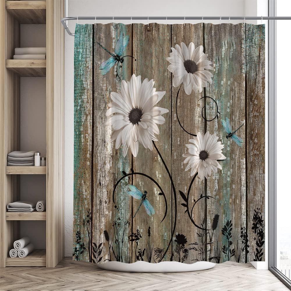 WIN4LIFE Rustic Wooden Daisy Flower Dragonfly Floral Spring Shower Curtain Barnwood Old Garage Door American Native Country Farmhouse Decor Fabric Bathroom Set with Hook 70x84 Inches Brown White