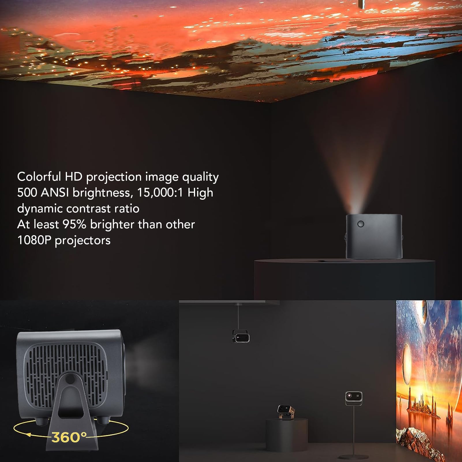 Proiettore 4K, Mini Proiettore con Messa a Fuoco Elettrica Bluetooth WiFi 1080P, Videoproiettore da Soffitto Orientabile a 360° per Android TV 11.0 per la Casa (Spina UE 100‑240 V)
