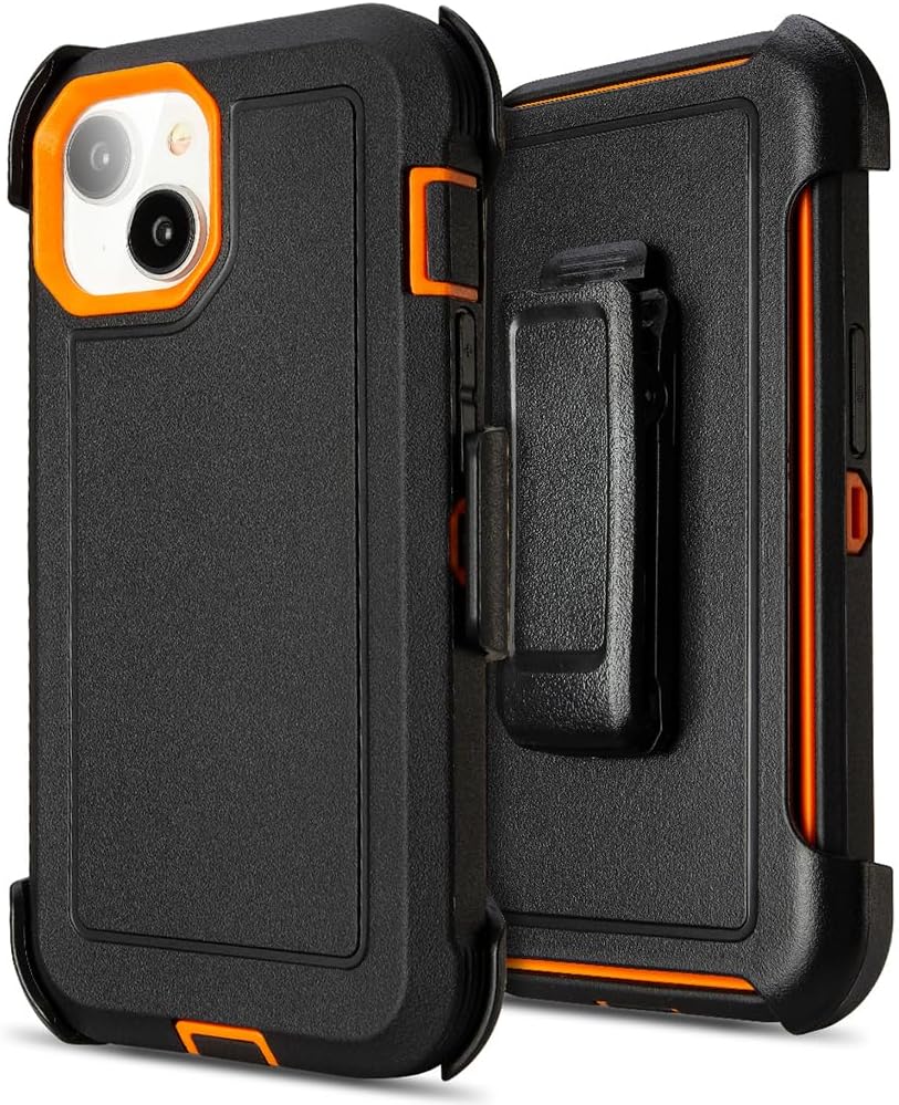 for iPhone 15 Case with Clip Belt Holster, Heavy Duty Military Grade Drop Protective Case for iPhone 15 6.1 case (Black+Orange)
