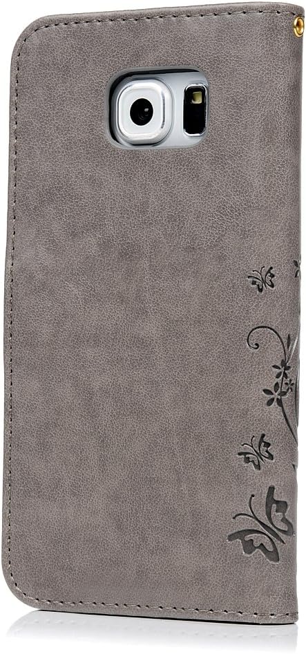 Badalink Case Compatible with Samsung Galaxy S6 Case (Non-Edge), Fashion Wallet Premium PU Leather Embossed Flowers Butterfly Flip Cover Hand Strap & 3D Cute Elephant Dust Plug & Stylus Pen - Gray