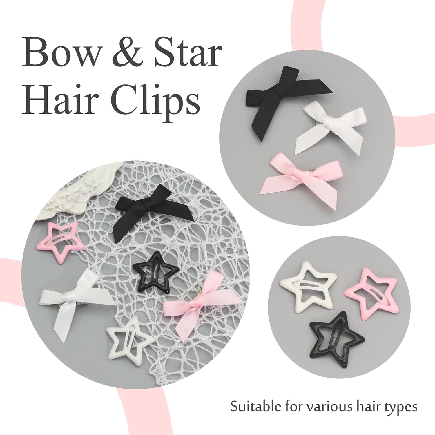 24PCS Bow Hair Clips - 3 Colors Satin Mini Hair Bow Clips Y2K Star Barrettes Bowknot Metal Snap Hair Accessories for Women Girls, Black - Image 5