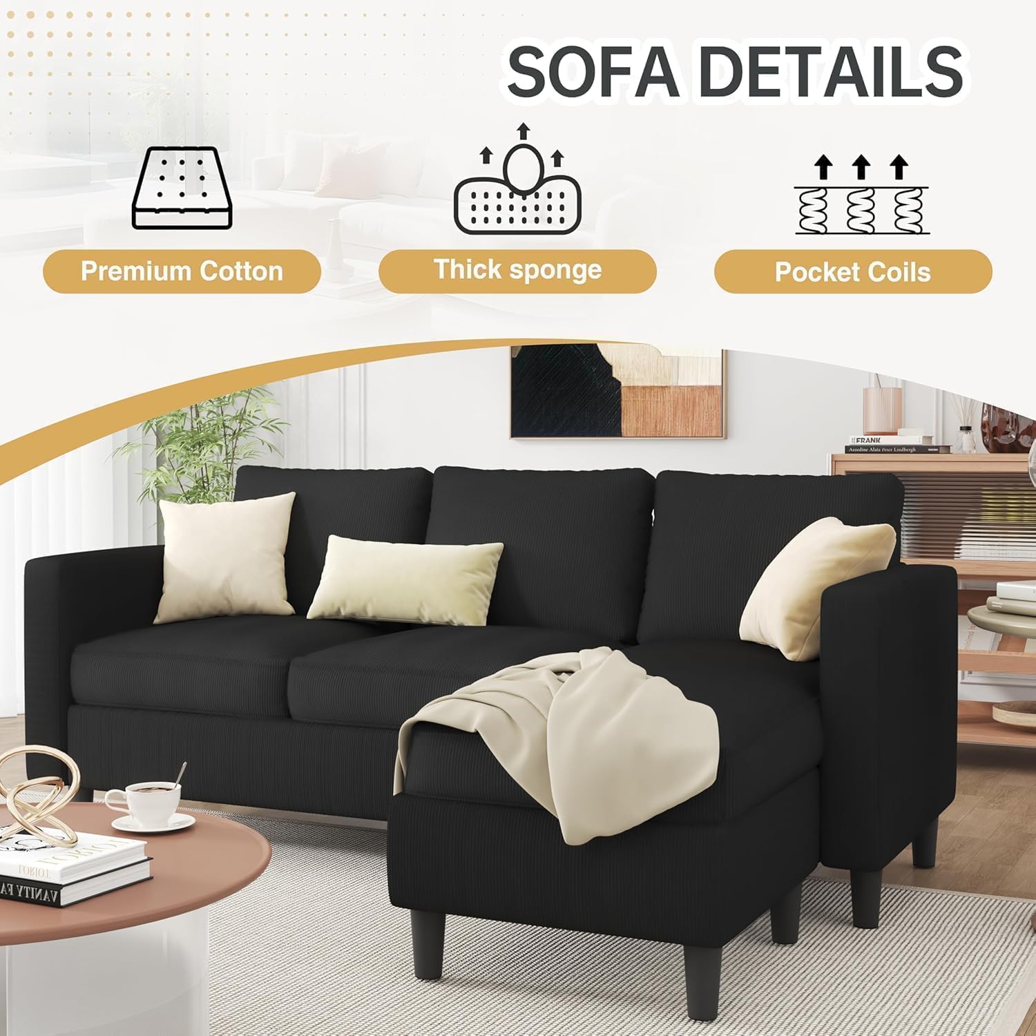 JAMFLY Couches for Living Room, 3-Seat Reversible Sectional Sofa with Convertible Ottoman, Modern Ribbed Fabric L-Shaped Couch for Small Apartment, Studio & Office, Easy Assembly, Black