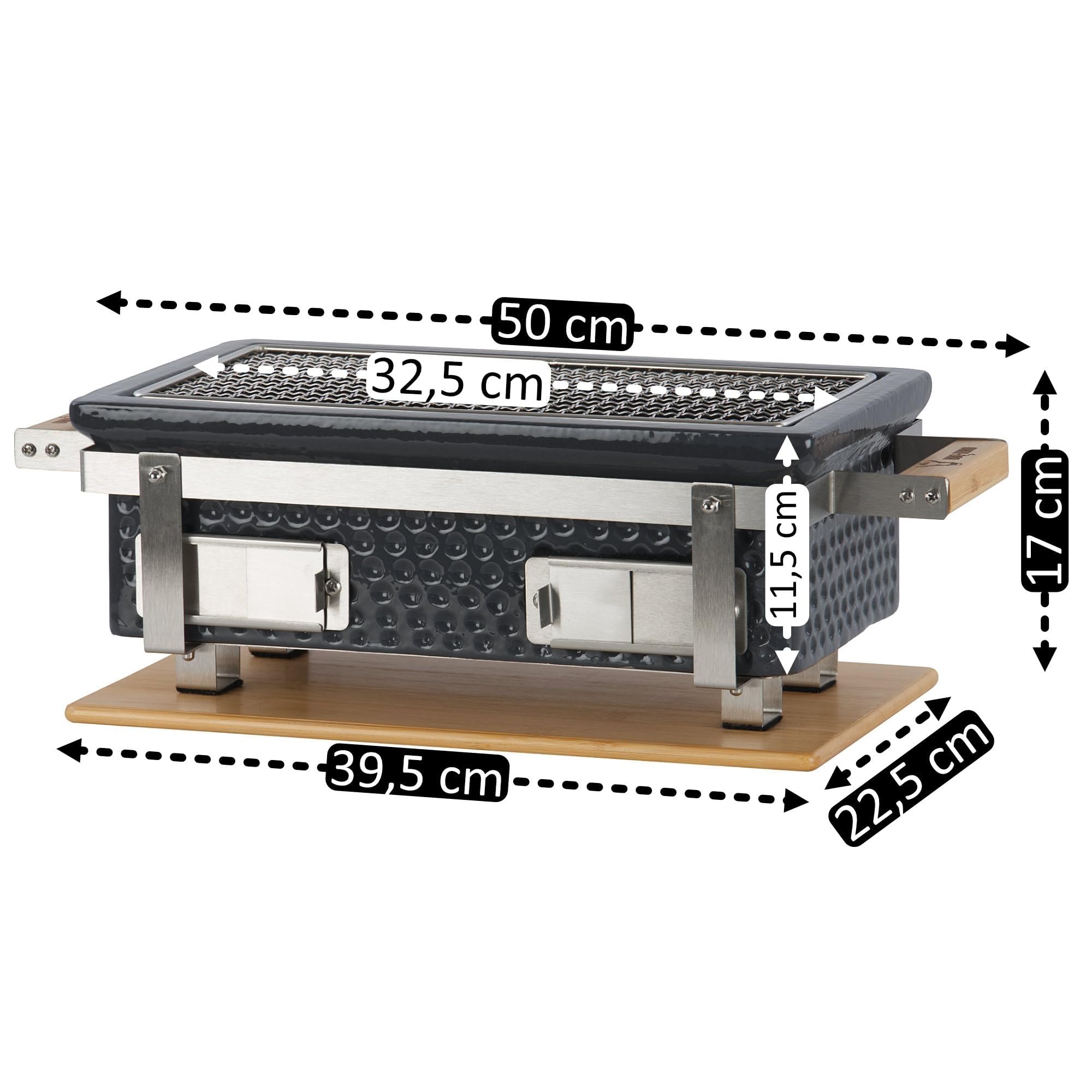 BBQ-Toro Barbecue de table en céramique avec support en bois | 50 x 23 x 17 cm | Hibachi | Barbecue de table sans électricité | Gris | Mini barbecue de table au charbon de bois
