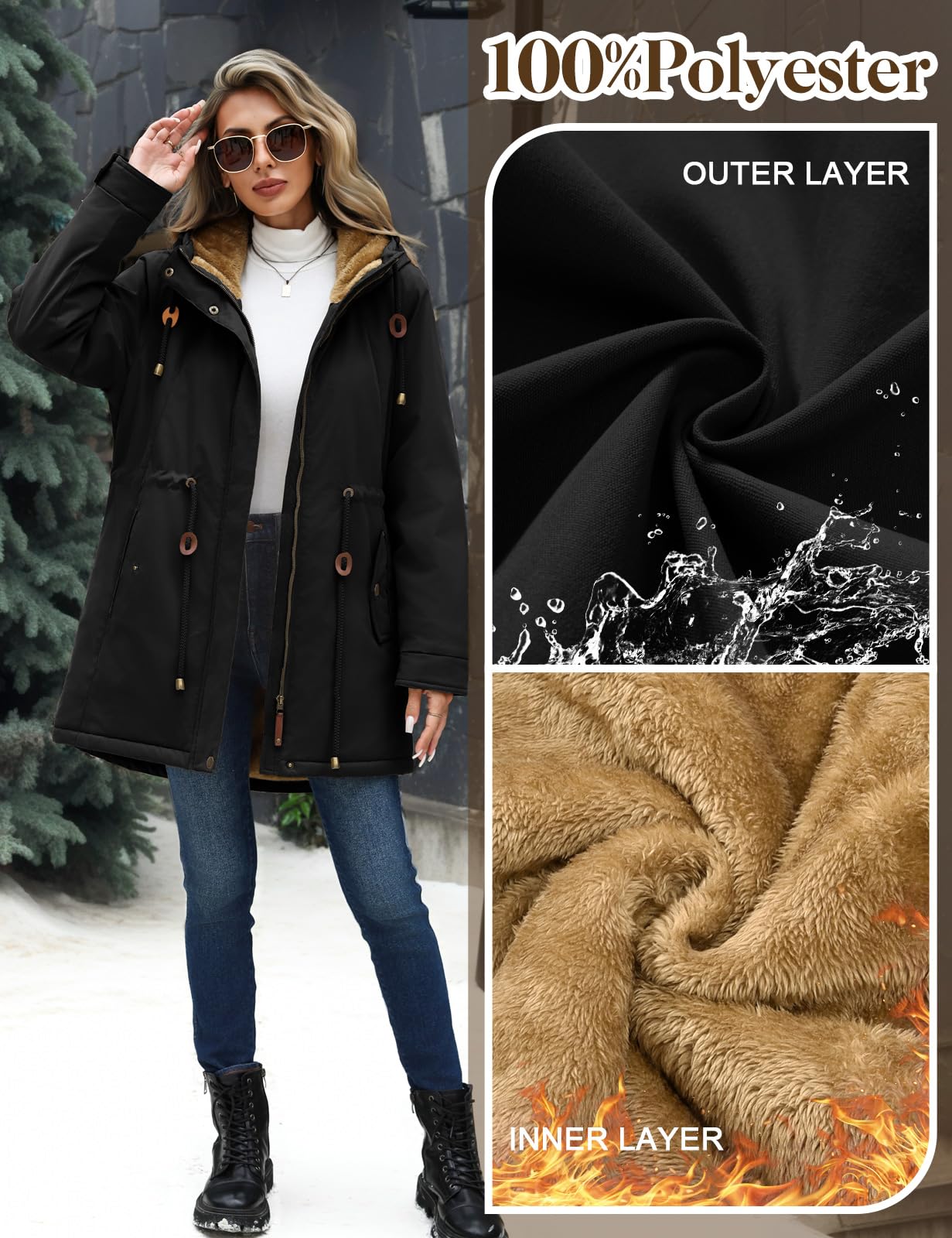 Vancavoo Manteau Femme Hiver Parka avec Doublure Polaire Épaisse | Manteau Chaud à Capuche avec Taille Réglable, Poignets Côtelés, Poches Biais, Zip et Boutons-Pression
