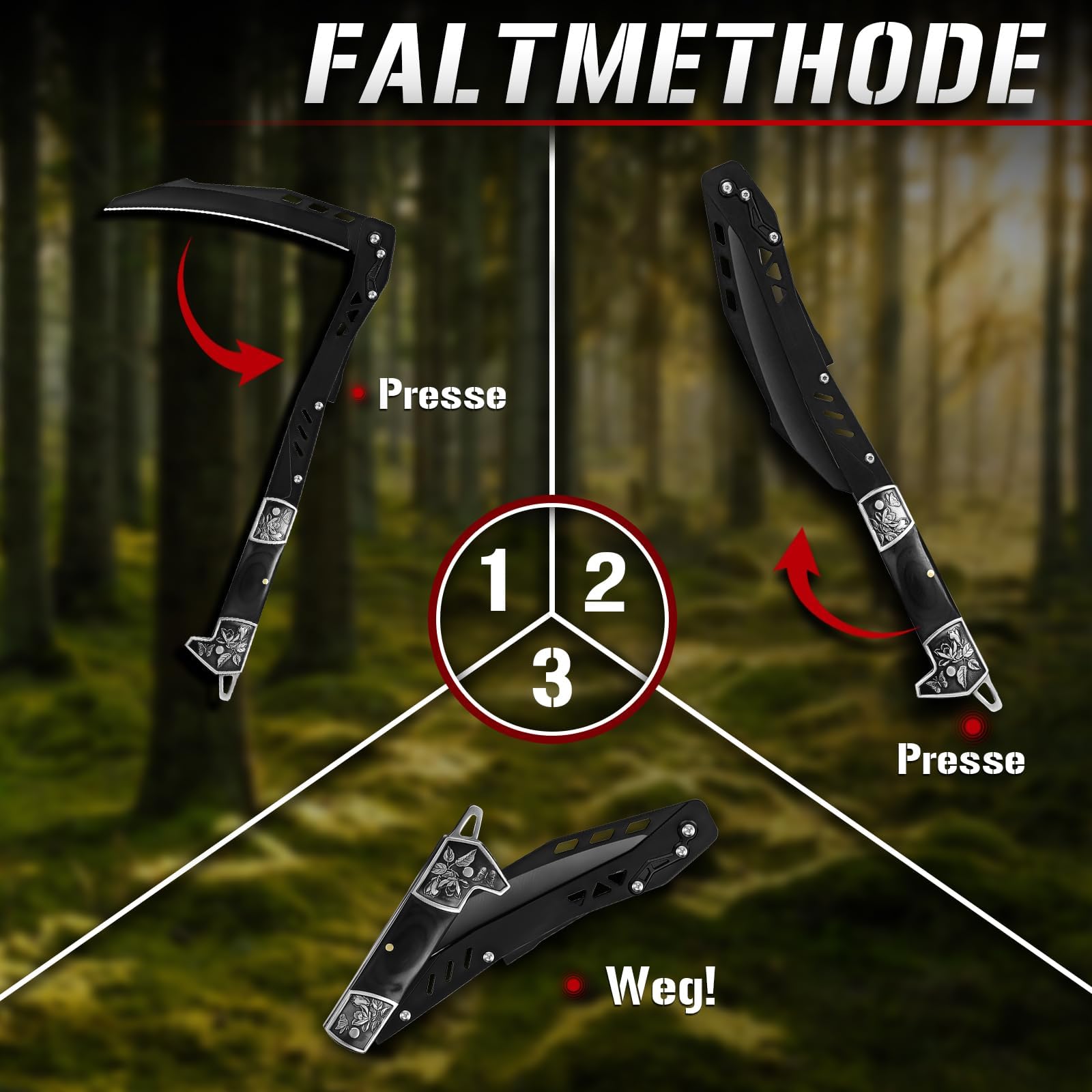 DRGSKL Faltbar Sense mit Scheide Schwarze Outdoor Klappbare Sichel für Gras und Unkraut Retro Sharp Sichel Garten Geschenk für Männer Einzige Klinge