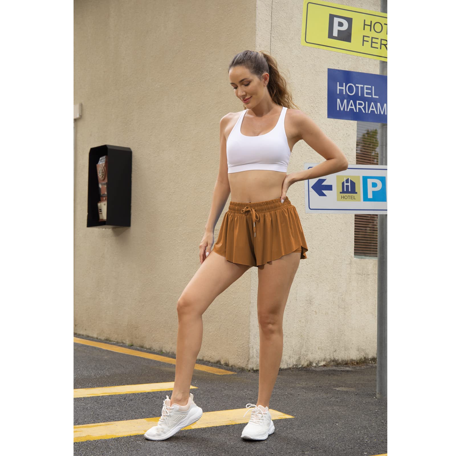 Flowy Athletic Shorts for Women Running Tennis Butterfly Shorts Girls 2-in-1 Double Layer Quick-Drying Comfy Shorts: Medium Copper Brown