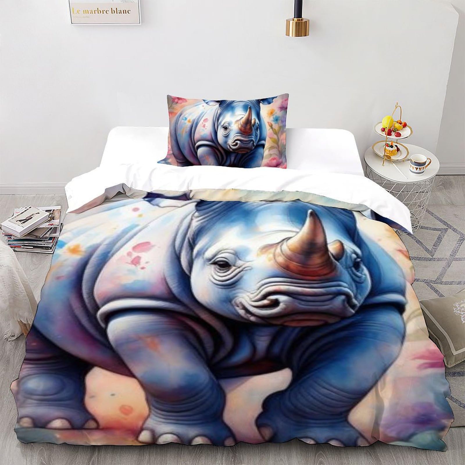 Housse de couette rhinocéros colorés en microfibre 135x200 cm pour chambre d'enfant avec sa taie