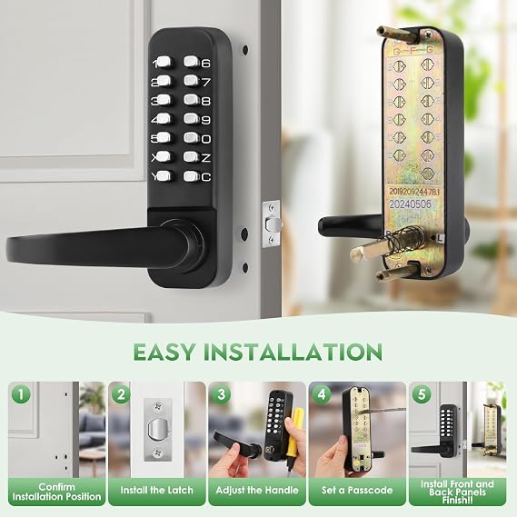 Mechanical Keyless Entry Door Lock with Double-Sided Keypad, Lever Handle, Matte Black, 3.3 inches x 5.5 inches