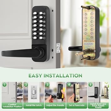 Mechanical Keyless Entry Door Lock with Double-Sided Keypad, Lever Handle, Matte Black, 3.3 inches x 5.5 inches