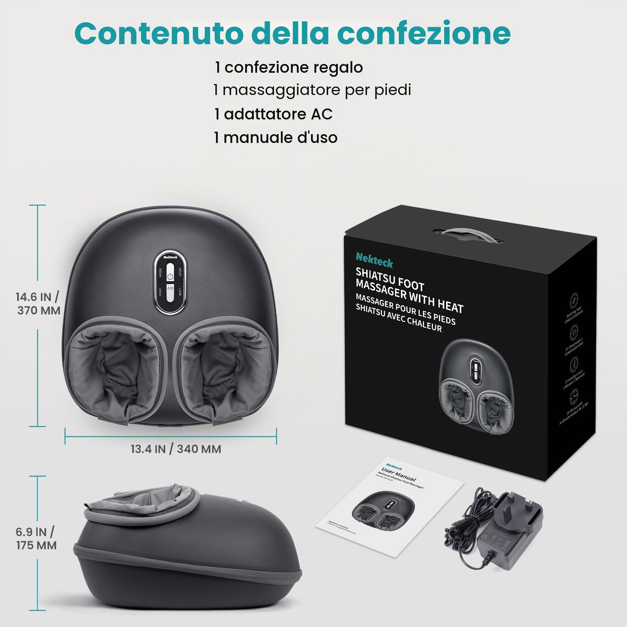 Nekteck Massaggiatore per piedi con calore, macchina per massaggio shiatsu per piedi profondo, compressione dell'aria, migliora la circolazione sanguigna e il benessere del piede (grigio scuro)