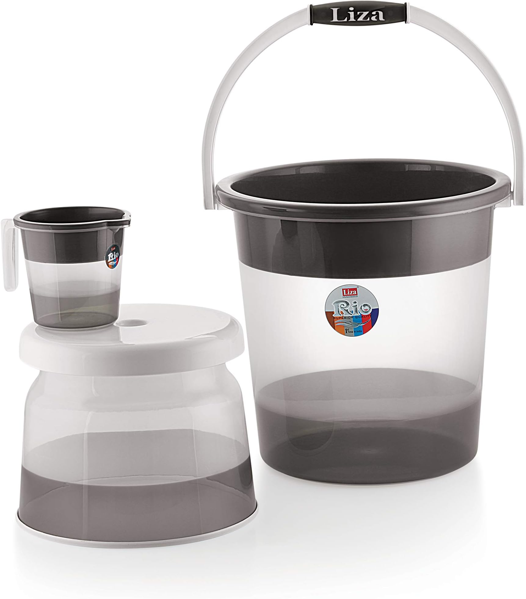 Liza Plastic Deluxe Bathroom Set Bucket 21l Mug Stool (Set of 3, Grey, Rio)