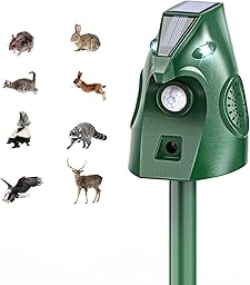 Ultrasonic Animal Repellent Outdoor, Solar Power Cat Rodent Raccoon Repeller, Squirrel Skunk Control Device with Motion Sensor and FIashing Light, Waterproof Rabbt Snake Deterrent for Outdoor