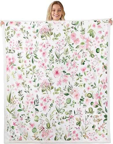 Miniatura 63 de Manfei Pink Flower Throw Blanket Watercolor Floral Leaves Print Fleece Blanket Plants Wildflower Cozy Throws for Bed Couch Sofa,Kids Boys Girls Room