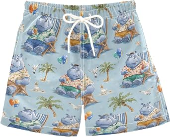 Boccsty Hippos Beach Chairs Palm Trees Blue Boys Swim Trunks Baby Kids Swimwear Summer Toddler Beach Board Shorts 2T