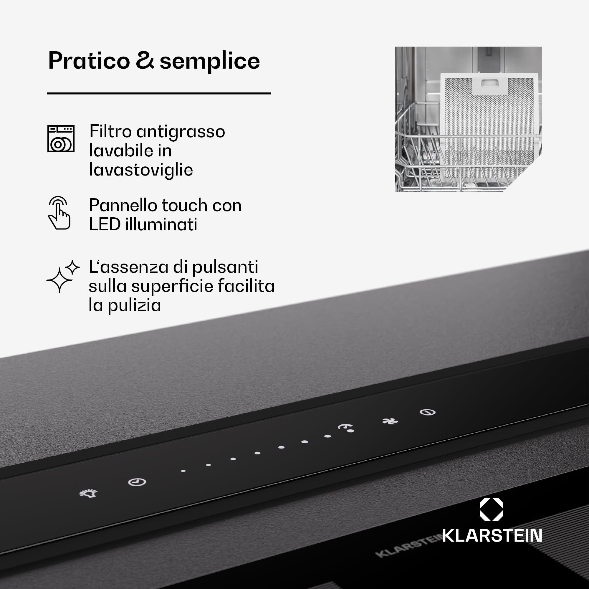 Klarstein Cappa Aspirante Downdraft 75 cm, 2 in 1, Flusso d'Aria 576 m³/h, Controllo Touch, 3 Velocità, Luci LED, Timer, Design Moderno per Cucina, Alta Efficienza e Silenziosa