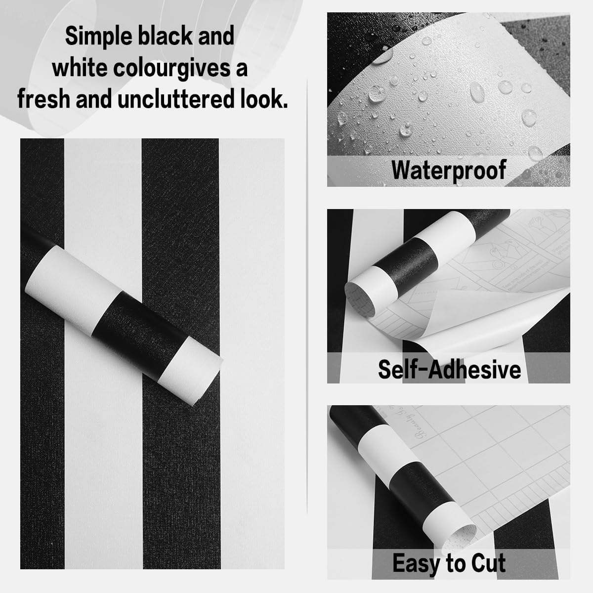 Jeweluck Black and White Wallpaper Peel and Stick Wall Paper 17.7”x393.7” Black and White Striped Wallpaper Peel and Stick Waterproof Removable Self Adhesive Contact Paper for Walls Decorative Vinyl