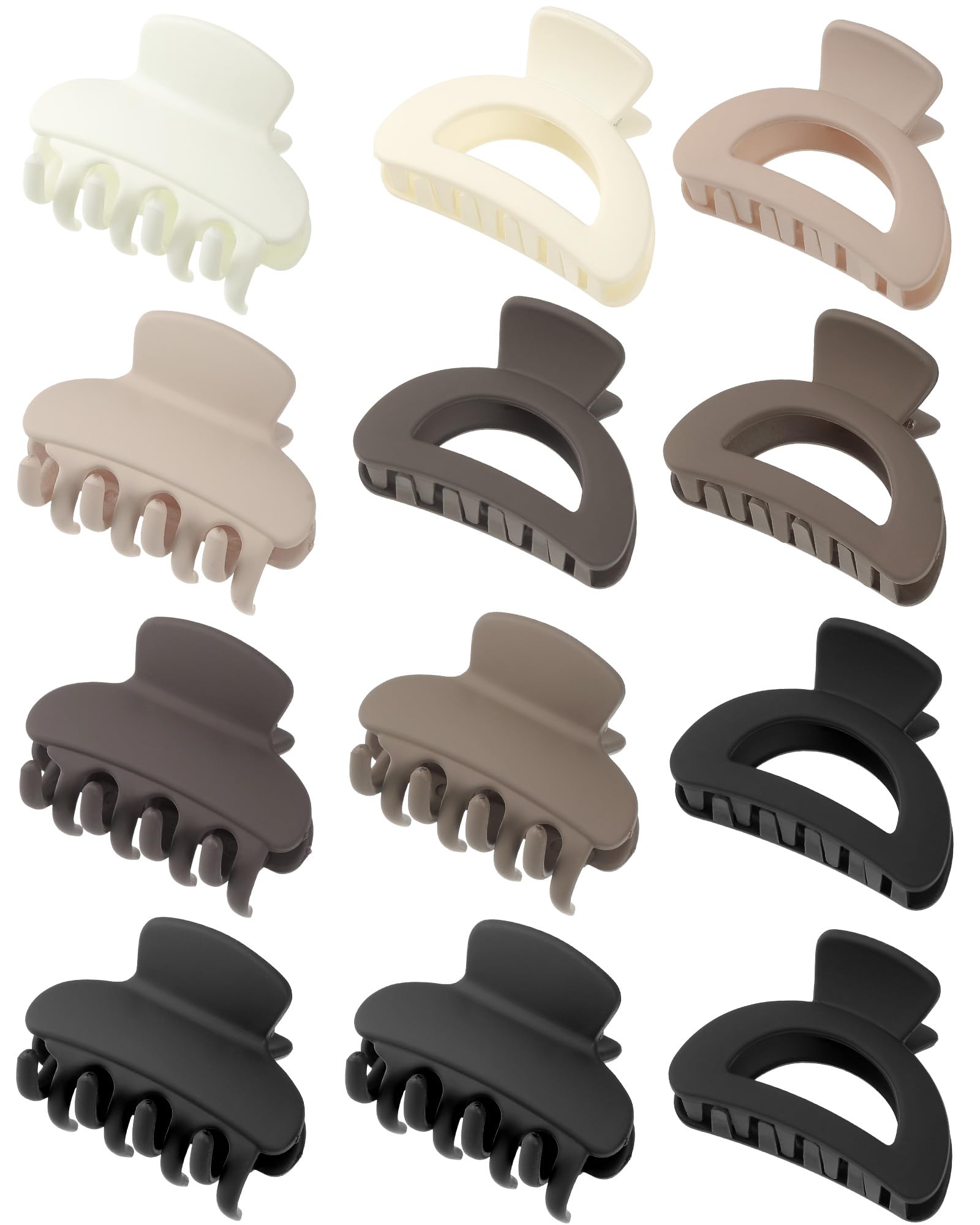 Small Hair Claw Clips for Women and Girls - 12pcs Matte Rectangle Clips (White/Brown/Black)