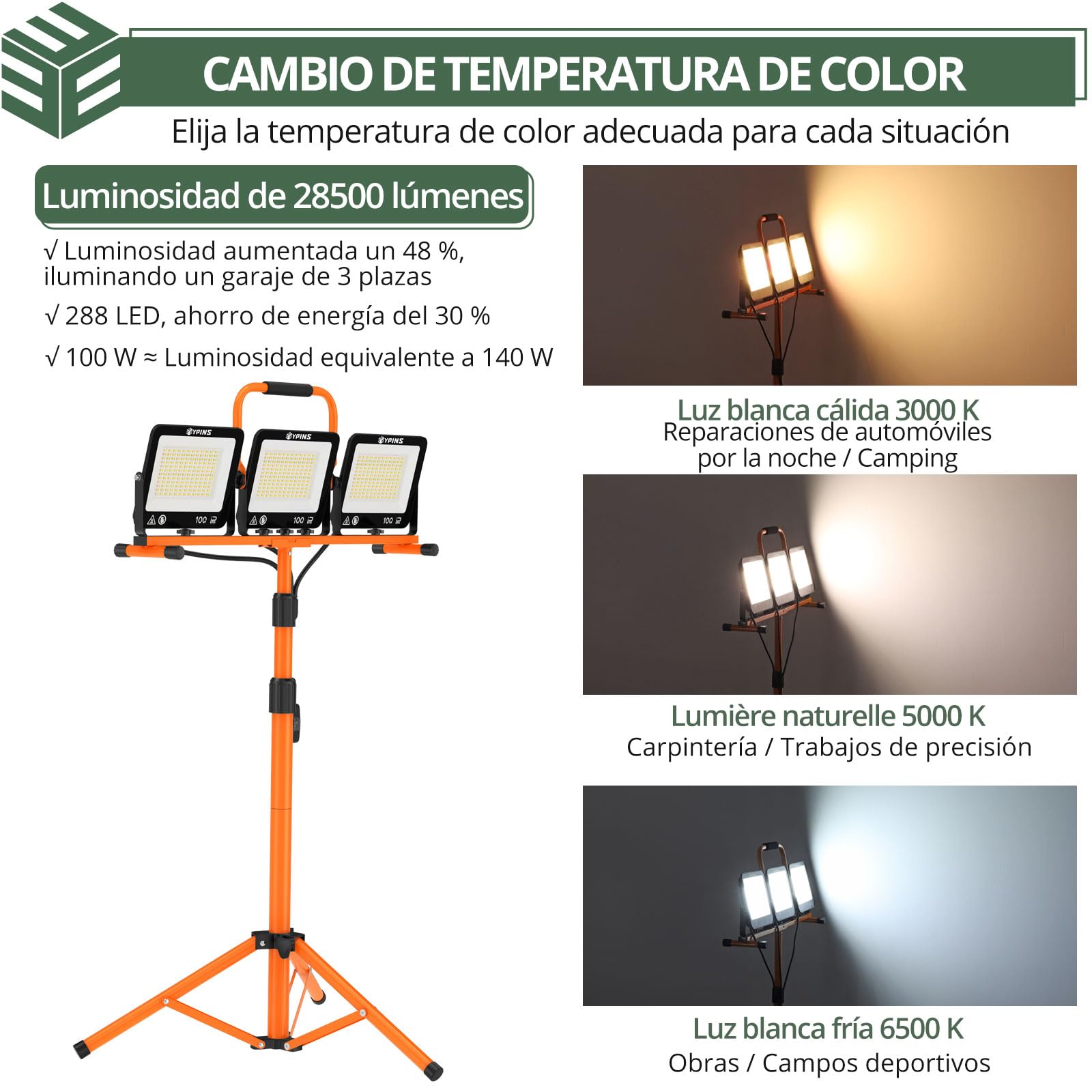 EYPINS 3×100W Foco LED de Trabajo con Trípode Telescópico 1.65m 28500LM | IP66 Impermeable, 3 Temperaturas de Color(3000K/5000K/6500K),5m Cable,Rotación 360°, Construcción Taller Reparaciones Jardin