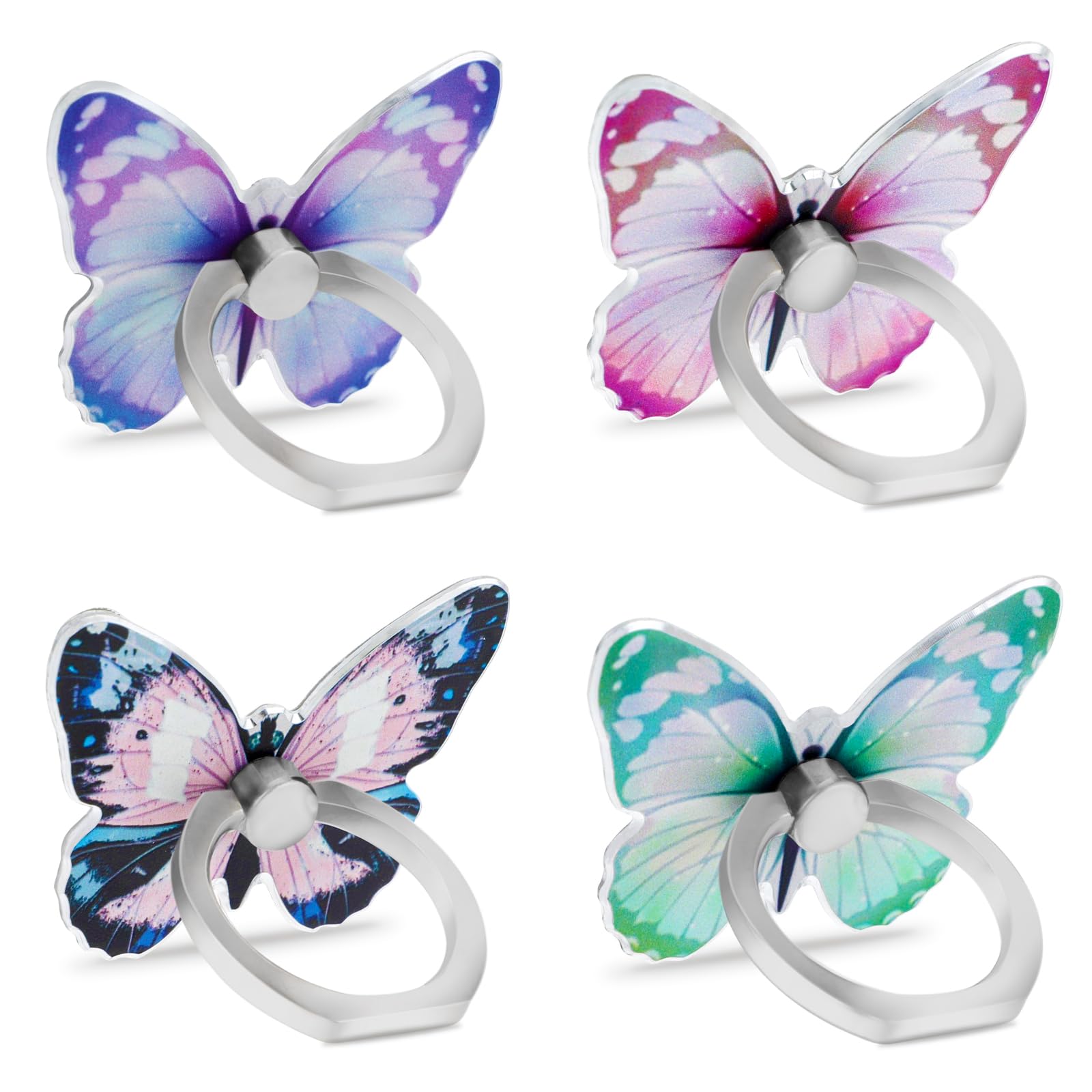 WLLHYF 4 PCS Butterfly Cell Phone Ring Holder Zinc Alloy Cute 360°Rotation Metal Finger Pattern Painted Universal Phone Ring Holder Compatible for All Smartphone