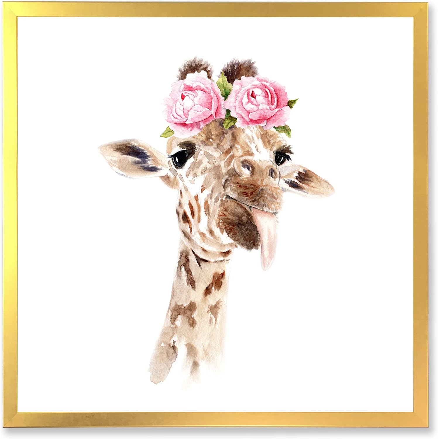 Portrait of A Giraffe With Flowers I Farmhouse Framed Wall Art Gold 36"L x 36"W