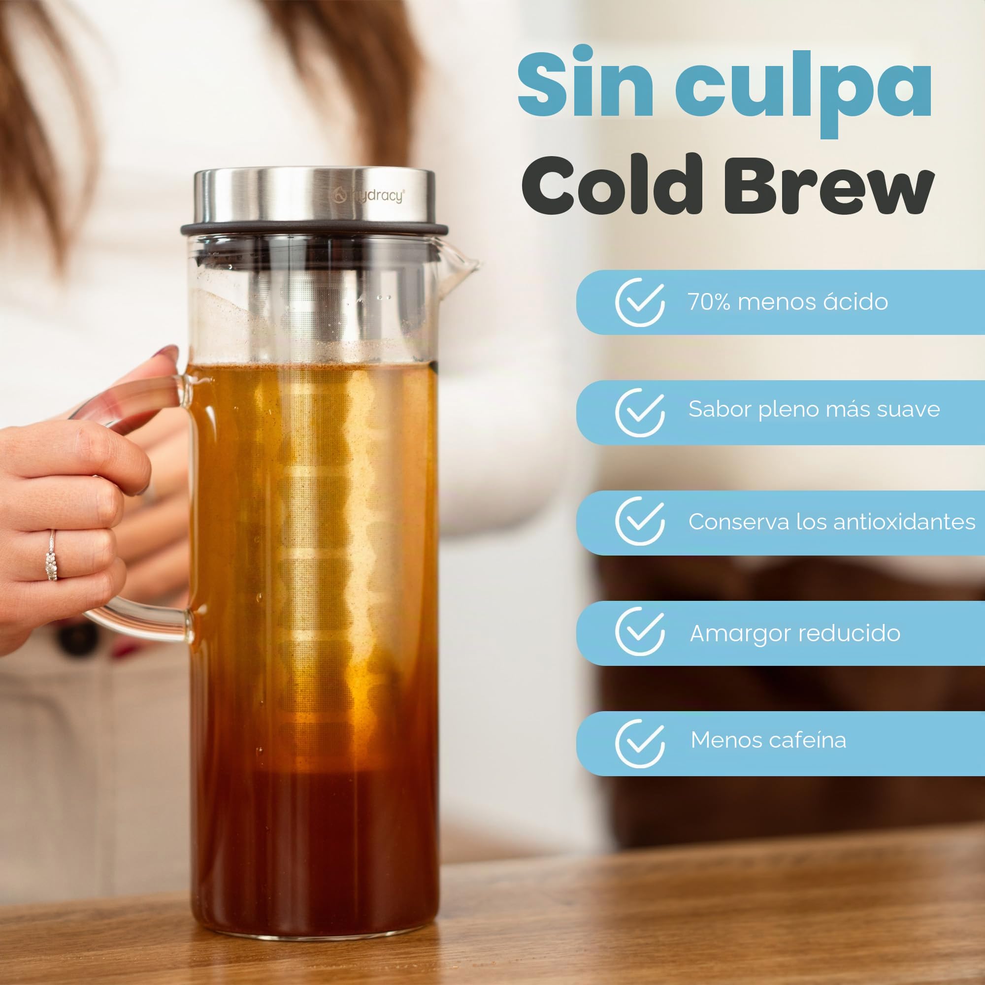 Hydracy Cafetera y Tetera - Jarra de Vidrio de 1,5L - Bebidas Frías y Calientes - Tapa y Filtro de Acero Inoxidable - Tubo Adicional para Infusiones de Frutas - Apto para Lavavajillas