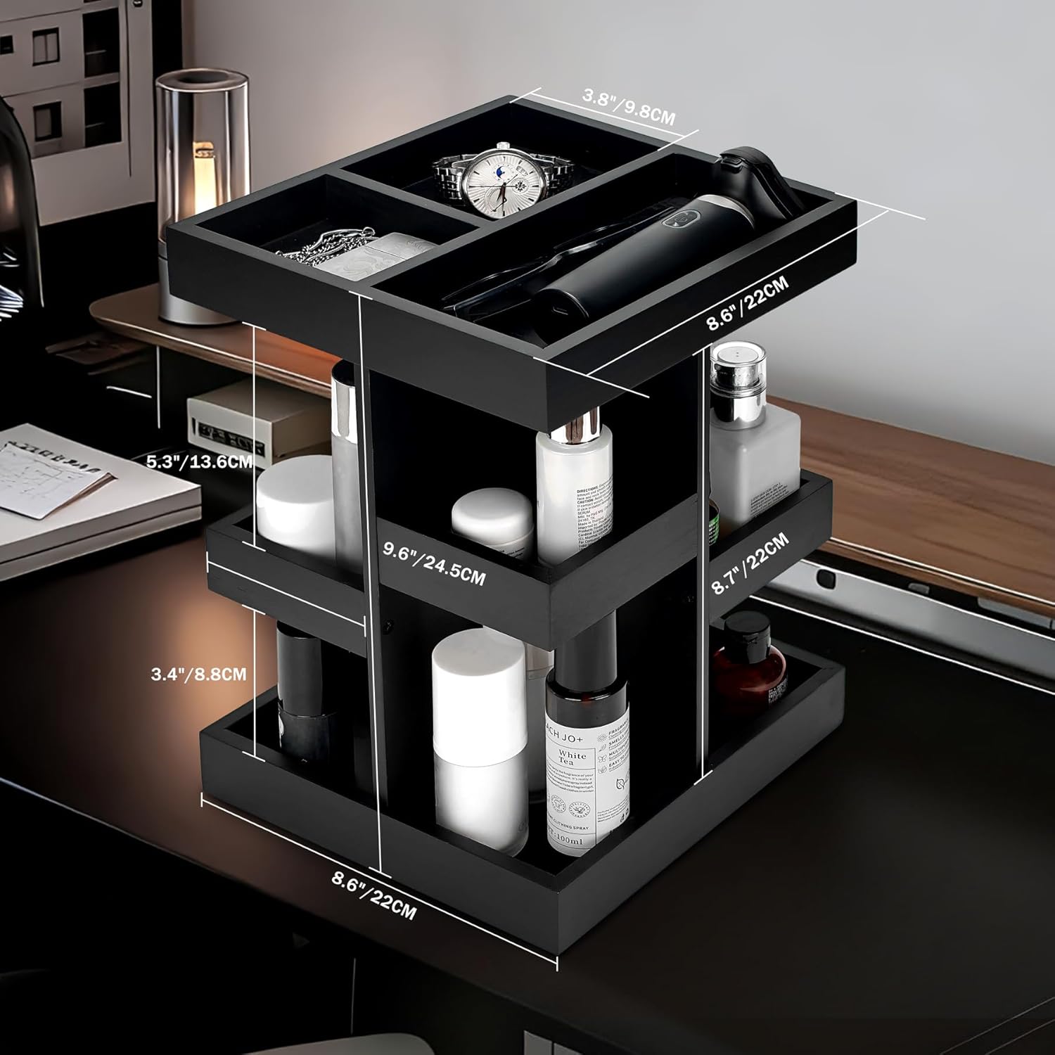 Cologne Organizer for Men, 3-Tier Wood Perfume Stand with Rotating Drawer, Large Capacity Storage for Desk Nightstand (Black)