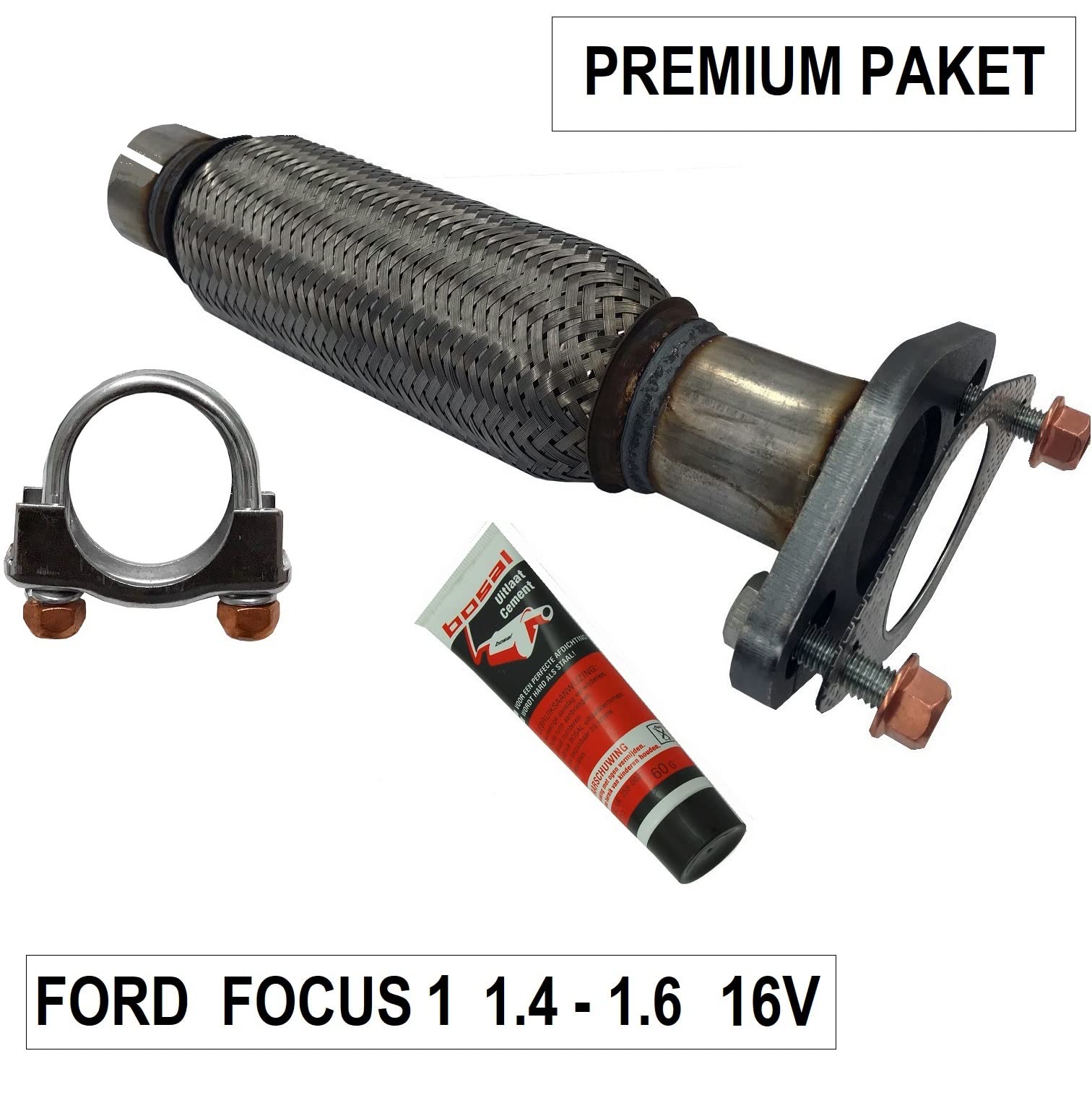 Reperaturset Flexrohr Universal Interlok kompatibel mit FORD FOCUS 1.4-1.6 16V mit Schellen Dichtung und Schrauben Montage ohne Schweißen - Flexstück Flexibles Rohr inkl. Montage Cement BOSAL
