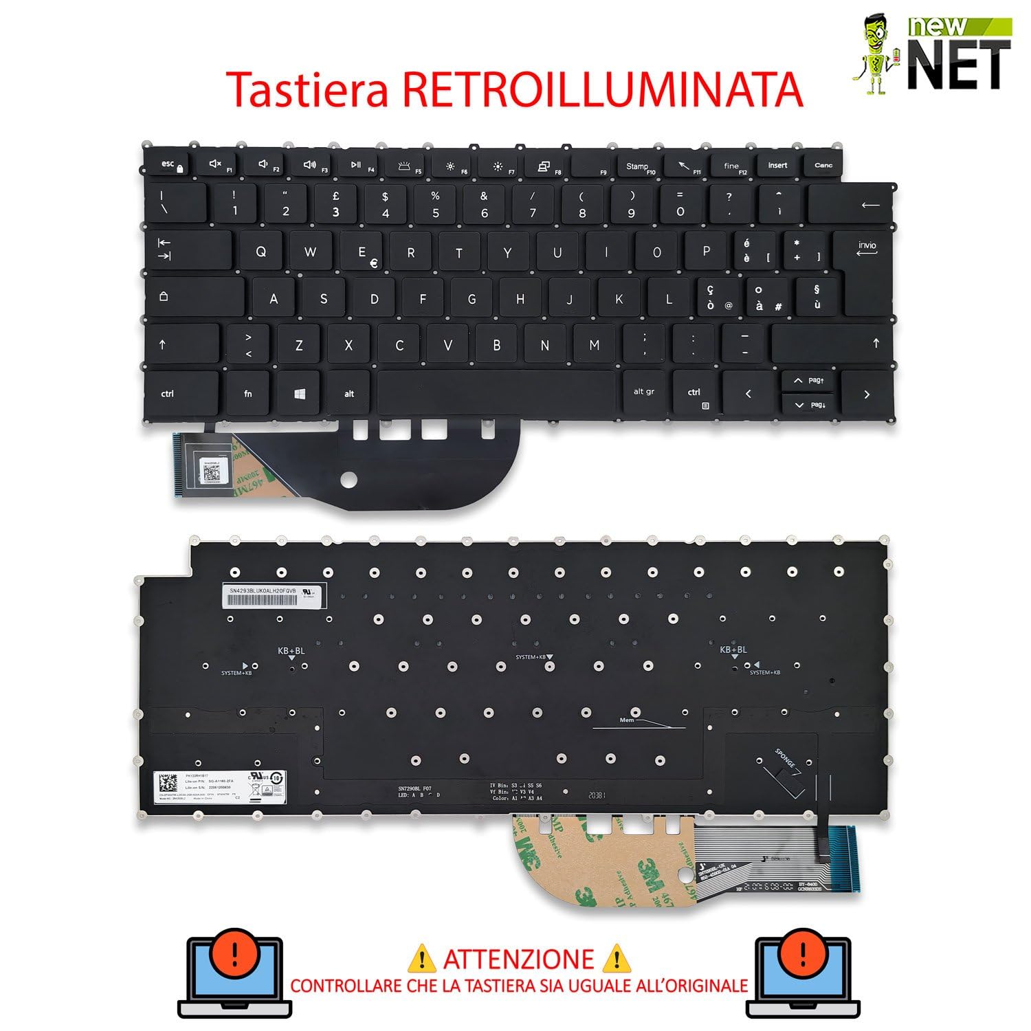 new net - Tastiera compatibile con Dell XPS 15 (9500), 15 (9510), 15 (9520), 15 (9530), 17 (9700), 17 (9710), 17 (9720) [Senza frame - colore tasti Nero - Retroilluminata - Layout ITA]
