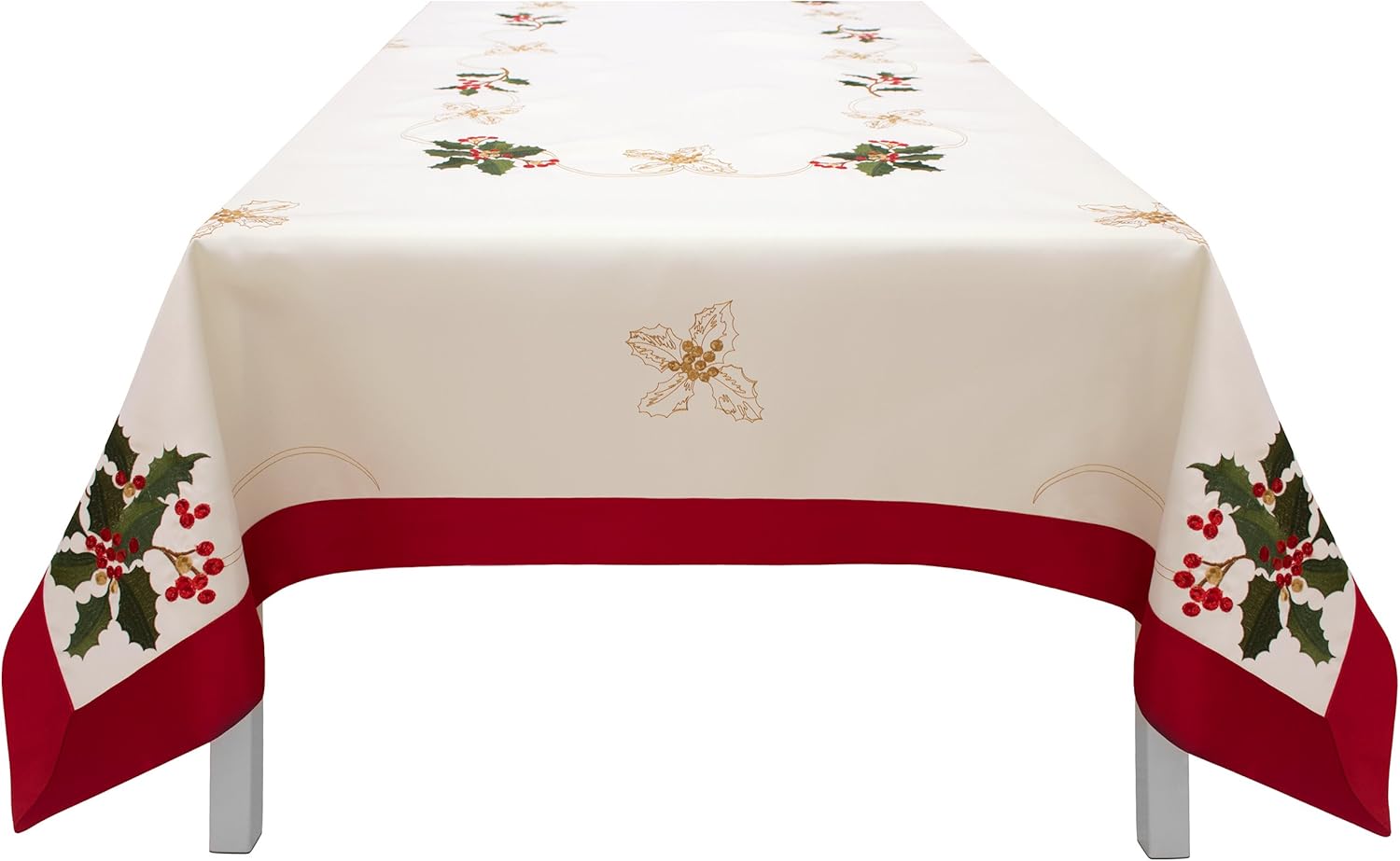 Holiday Holly Berries Embroidered Rectangular 70 x 104 in. Tablecloth with Red Trim Border