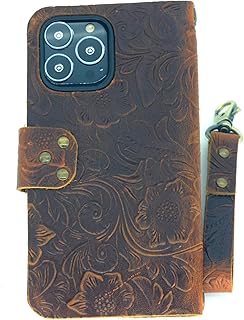JJNUSA Compatible with iPhone 14 Pro Max Handmade Genuine Distressed Leather Wallet Case Flip Cover with Wristlet Brown