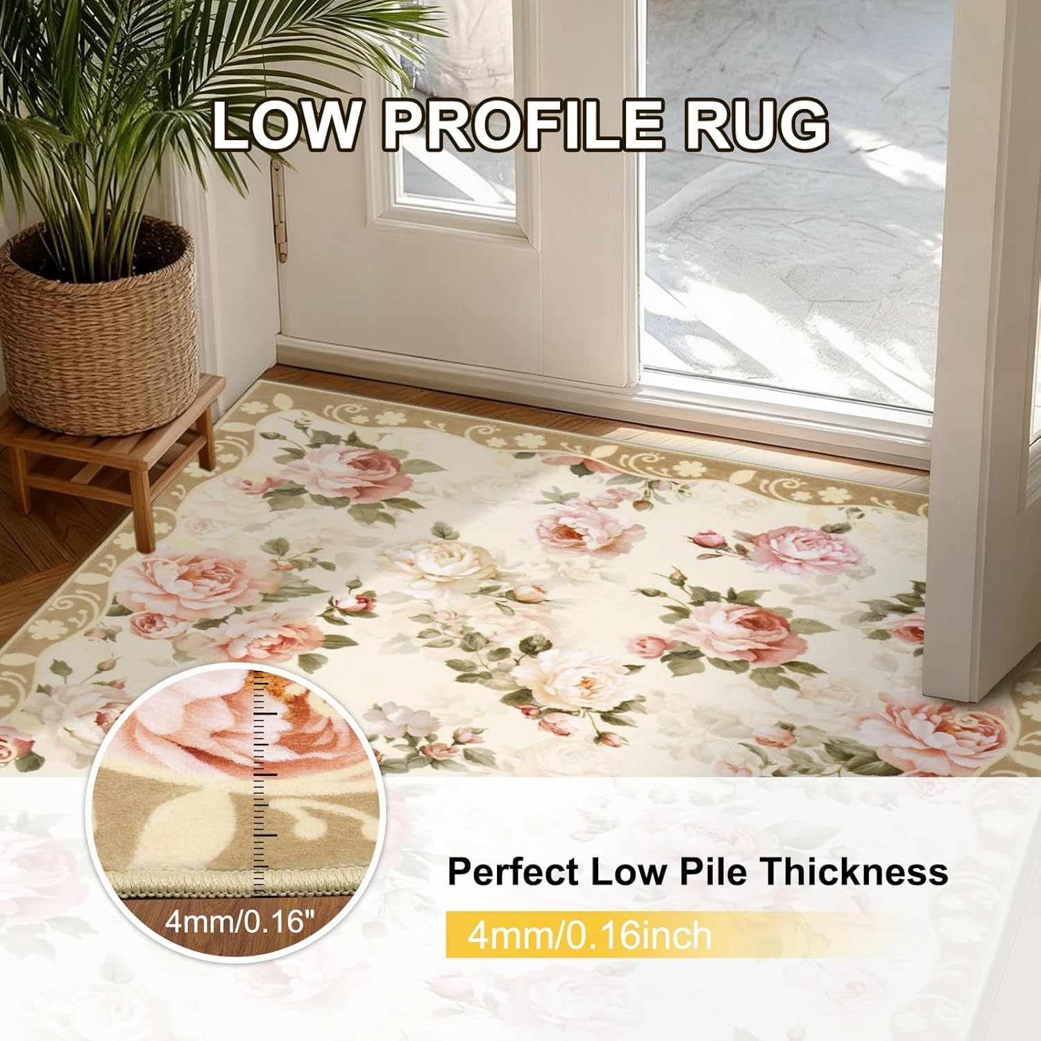 MOSISO 5x7 Area Rug for Living Room, Soft Non-Slip Spring Rose Garden Low Pile Carpet, Faux Wool Rectangular Washable Floor Mat for Home Decor Bedside Bedroom Diningroom, Beige