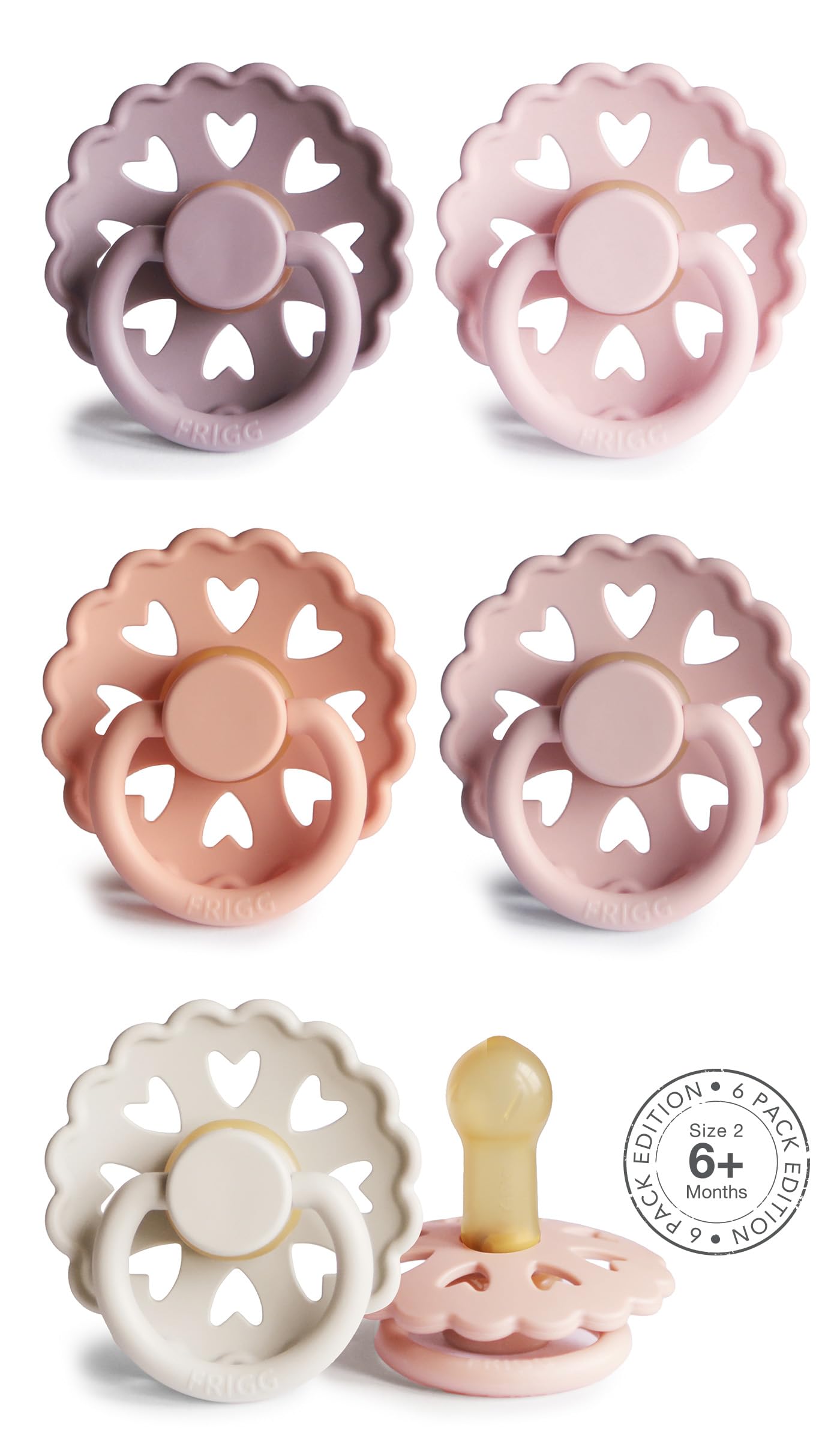 FRIGG Multipack Latex-Schnuller | 6'er Packung | Naturgummi/Naturkautschuk | Hergestellt in Dänemark | Symmetrischer Sauger in Kirschform | (Fairy Dream, Größe 2 (6-18 Monate))